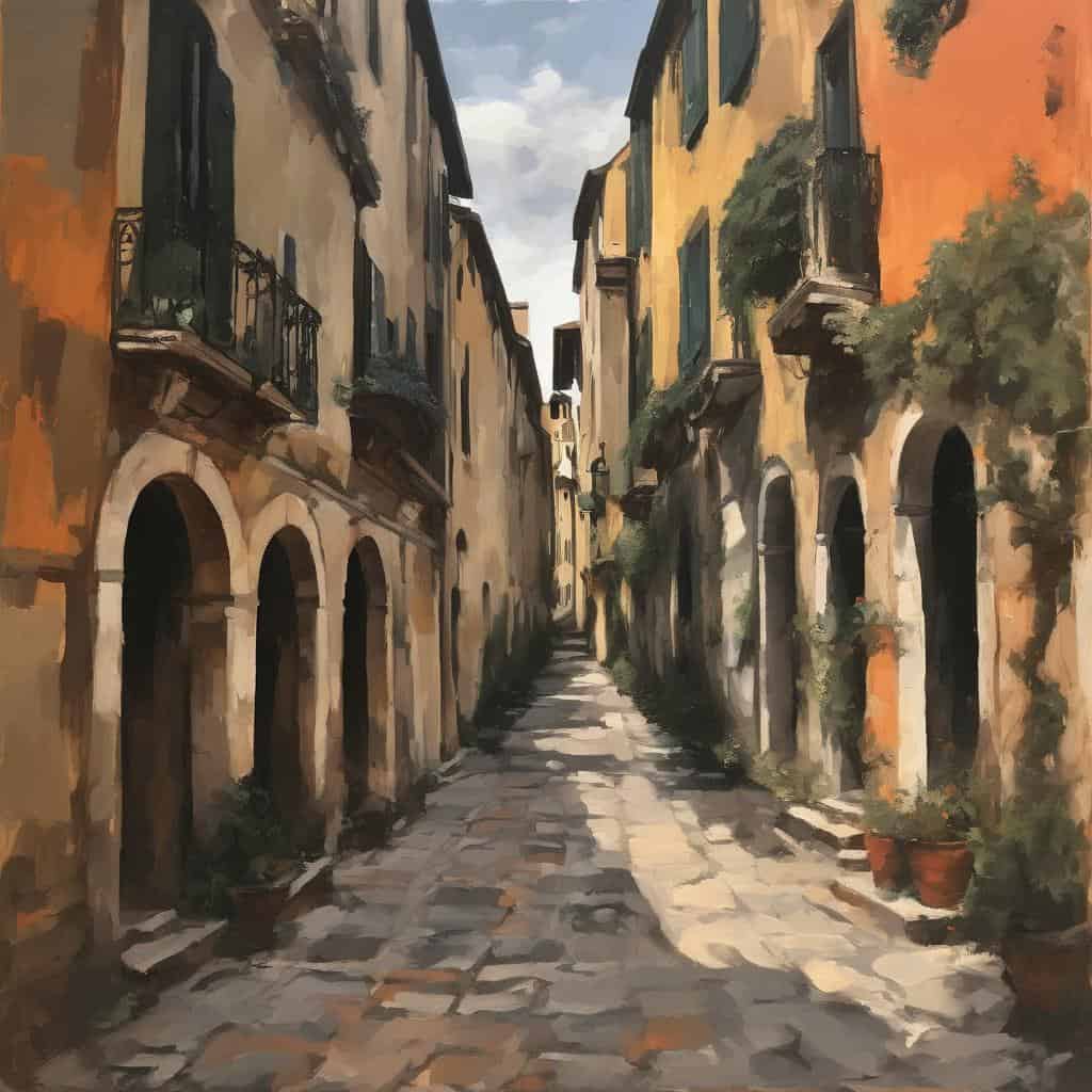 Αρχαία ιταλική γειτονιά με πέτρινα δρομάκια και πολύχρωμα κτήρια, δείχνει Ιταλία, παράδοση και τέχνη.