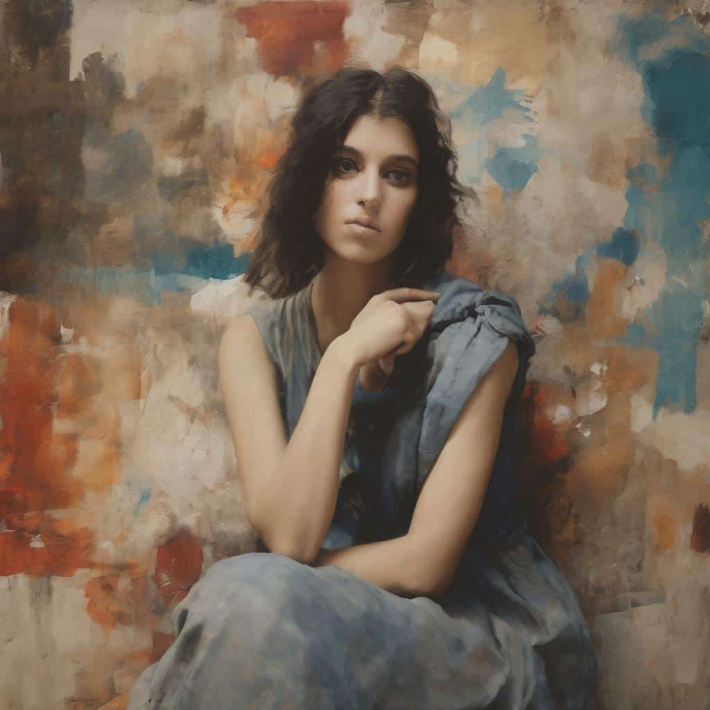 Ανθρώπινη γυναίκα πορτρέτο με καλλιτεχνικό φόντο, σύγχρονη τέχνη και οραματισμός.