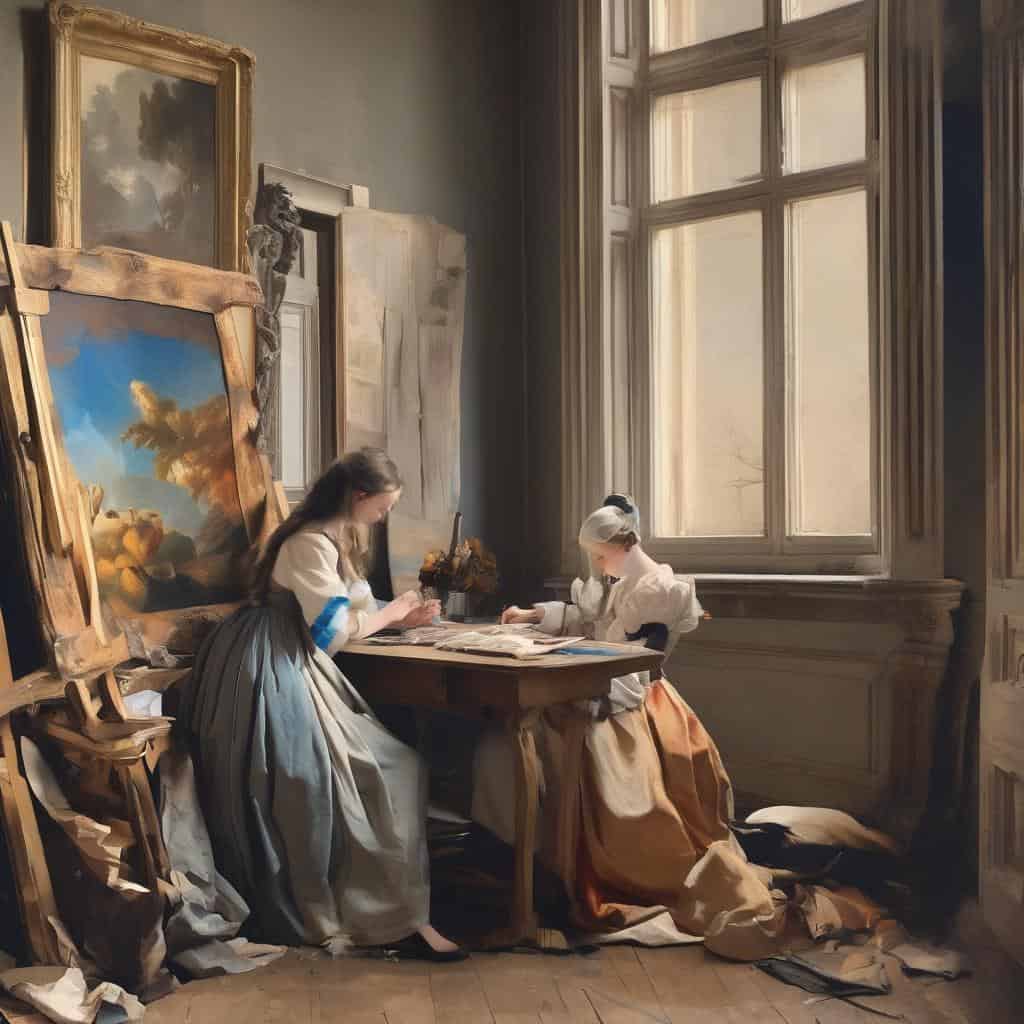 Παλιό εργαστήριο ζωγραφικής με δύο γυναίκες καλλιτέχνες και έργα τέχνης στον τοίχο.