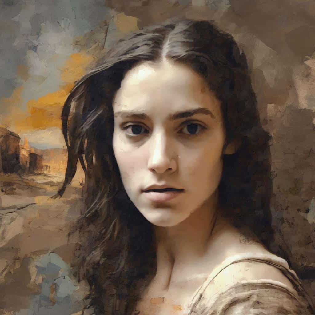 Ψηφιακή πορτρέτο νέας γυναίκας με καστανά μακριά μαλλιά, σε εικαστικό στυλ, σε ένα έργο τέχνης ζωγραφικής.