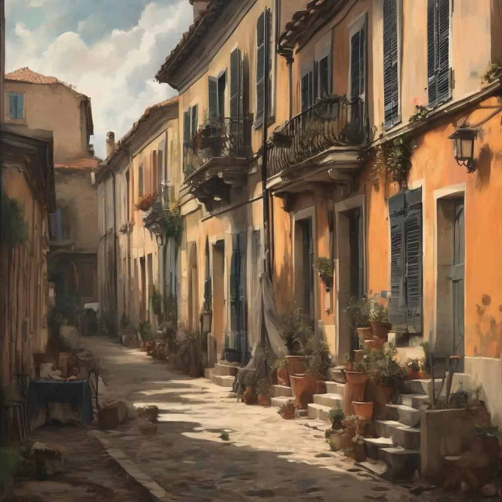 Παραδοσιακός δρόμος στην Ελλάδα με παλιά σπίτια και γκαζόν σε μπαλκόνια, ηρεμία και αυθεντική αρχιτεκτονική.